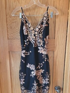 Black Sequin Floral V-Neck Slip Dress